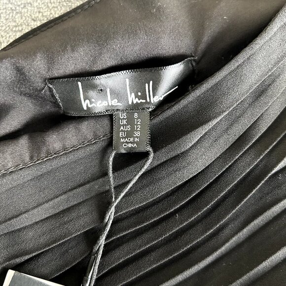 Nicole Miller One Shoulder Pleated Solid Black Dress Asymmetrical Whimisical 8 - Picture 9 of 12